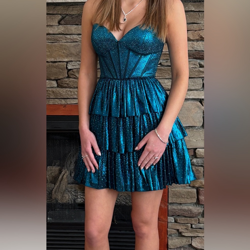 Sherri Hill Sparkling Teal Strapless Dress